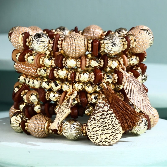 Glamorous Gold & Earth Tone Layered Beaded Bracelet Set w Golden Charms & Tassel - Picture 3 of 3